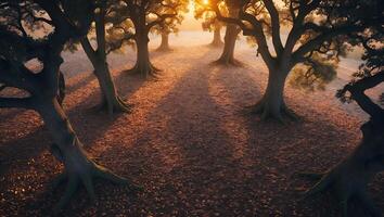 Trees Casting Long Shadows at Golden Hour Over Leafy Ground photo
