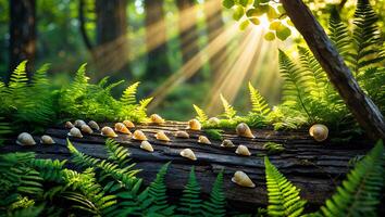 Snails on Log with Ferns and Sunlight in Forest Setting photo