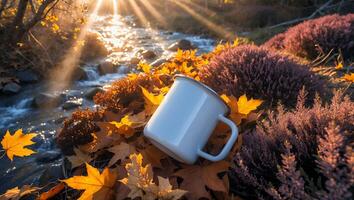Enamel Mug Lying on Autumn Leaves Near Flowing Stream with Sunlight photo