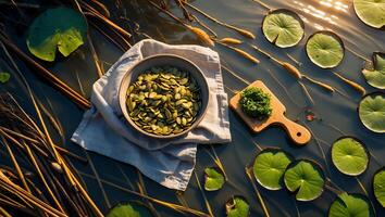 Pumpkin Seeds Displayed with Herbs on Water Surrounded by Lily Pads photo
