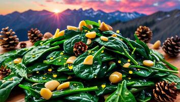 Spinach Salad with Pine Nuts and Macadamia Nuts Mountain Sunset photo