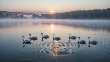 Swans Swimming on Misty Lake at Sunrise Creating Water Ripples photo