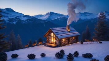 Cabin in Snowy Mountains with Deer and Smoke at Dusk photo