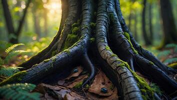 Tree Roots Covered in Moss in Forest with Sunlight Streaming Through photo