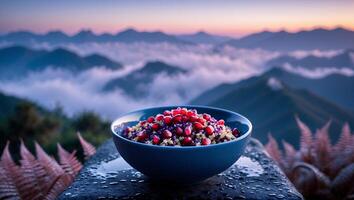 Bowl of Healthy Food Overlooking Scenic Mountain Landscape at Dusk photo