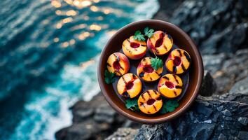 Grilled Peach Halves in a Bowl Against Ocean Rock Background photo