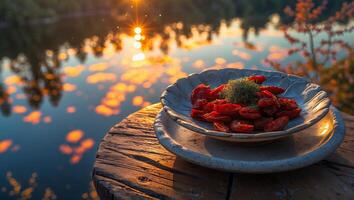 Serving Goji Berries by Lake at Sunset with Reflections photo