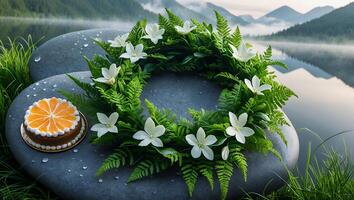 Floral Wreath and Orange Cake on Stone Near Lake Serenity photo