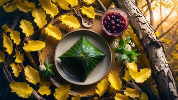 Overhead Shot of Leaf Wrapped Food and Cherries in Autumn Setting photo