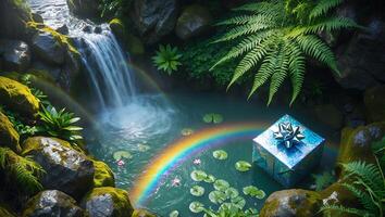 Waterfall and Rainbow with Gift in a Lush Green Garden photo