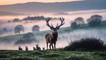 Deer and Rabbits Standing in Misty Meadow at Dusk photo
