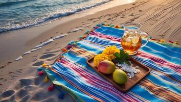 Beach Picnic with Mango and Iced Tea on Colorful Blanket photo