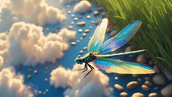 Dragonfly in Flight Under Blue Sky with Fluffy Clouds and Grass photo