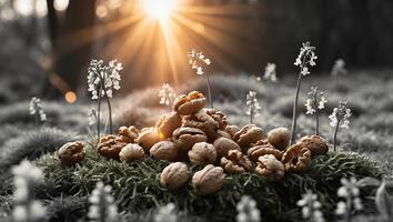 Pile of Walnuts on Moss with Flowers in a Forest Sunlight photo