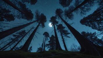 Looking Up at Tall Trees Silhouetted Against a Starry Moonlit Sky photo