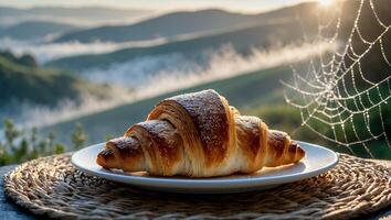 Fresh Croissant with a Mountain Sunrise View Perfect for Breakfast photo