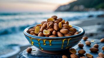 Almonds and Citrus in Blue Bowl with Honey Drizzle at Beach photo