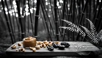 Nut Butter with Cashews and Dates on Cutting Board Landscape photo