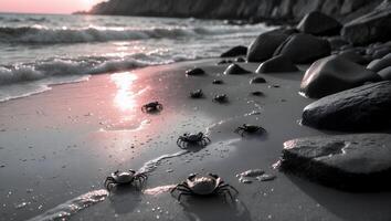 Crabs Walking on Sandy Beach at Sunset Near Ocean Waves photo