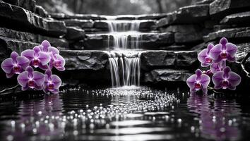Waterfall with Orchid Blossoms and Water Pearls Peaceful Still Life photo