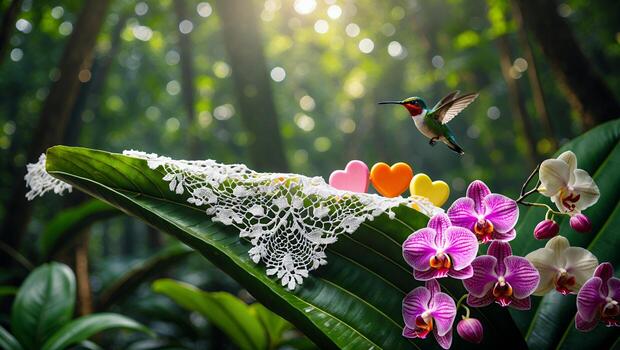 Hummingbird Flying Near Orchids and Hearts on Leaf in Forest photo