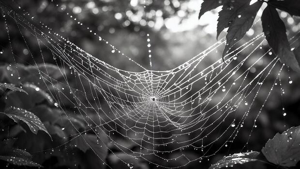 Spiderweb Covered in Dew Drops Hangs in Forest Monochrome Image photo