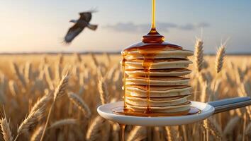 Pancake Stack with Syrup Pouring in a Golden Wheat Field photo