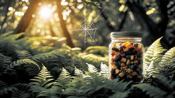 Glass Jar Filled with Candy Placed Amongst Green Ferns in Forest photo