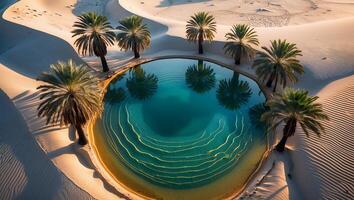 Oasis in Desert with Palm Trees Reflecting in Clear Water photo
