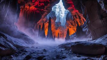 Exploring the Mysterious Cave with Fog and Striking Rock Formations photo