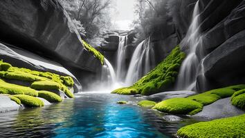 Cascading Waterfalls Flowing Into Clear Blue Pond with Mossy Rocks photo