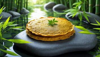 Serving Stack of Pancakes with Green Leaf in a Zen Garden photo