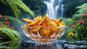 Displaying Orange Slices in a Bowl with Waterfall and Ferns photo