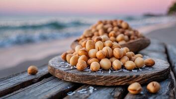 Arrangement of Macadamia Nuts on Wooden Surface with Ocean Background photo