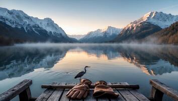 Tranquil Lake Scene Gloves Heron on Wooden Dock Snow Mountains photo
