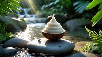 Coconut Wax Candle Resting on Rocks Beside Flowing River photo