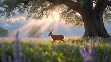 Deer Walking Through a Meadow at Sunset with Sun Rays photo