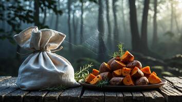 Served Sweet Potato with Rosemary and Sack in Foggy Forest photo