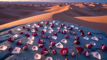 Desert Landscape with Rose Buds and Crystals on a Rock photo