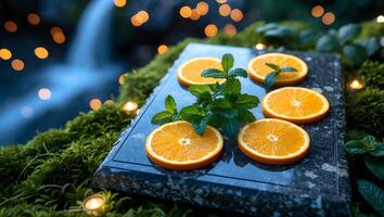 Orange Slices and Mint Leaves on Stone Slab with Bokeh Lights photo