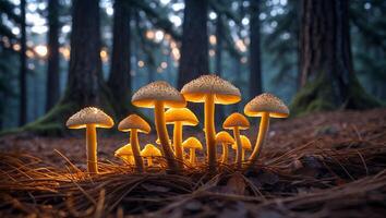 Glowing Mushrooms Growing in Forest with Pine Needles and Trees photo