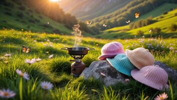 Cooking Outdoors in Grassy Field with Hats and Mountain View photo