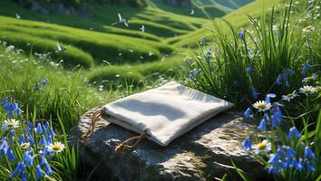 Drawstring Pouch Resting on Rock in Green Meadow Landscape photo