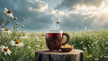 Enjoying Hot Beverage Outdoors in Daisy Field with Ladybug Flying photo