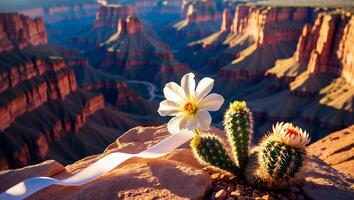 Cactus Flowers Blooming with Grand Canyon Vista and Ribbon Decor photo
