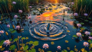 Fish Jumping in Lily Pond Creating Ripples at Golden Hour photo