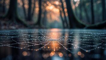 Spiderweb Covered in Dew Drops with Forest Background at Sunrise photo