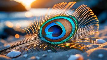 Peacock Feather Eye Resting on Beach Sand at Sunset photo