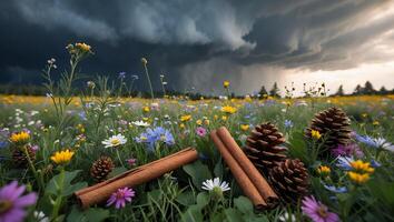 Cinnamon Sticks and Pinecones in Colorful Wildflower Field Before Storm photo
