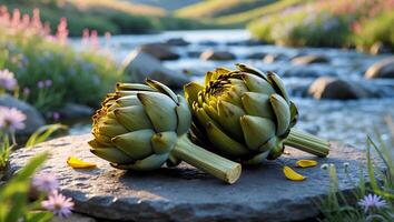Two Artichokes Resting on Stone Near Flowing Stream with Wildflowers photo
